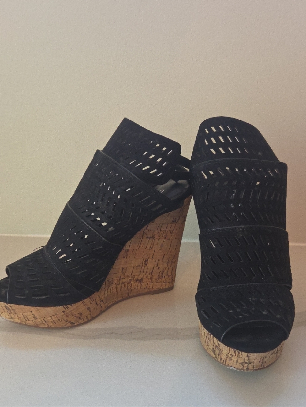 Charles David Black Peep-Toe Wedge Sandals